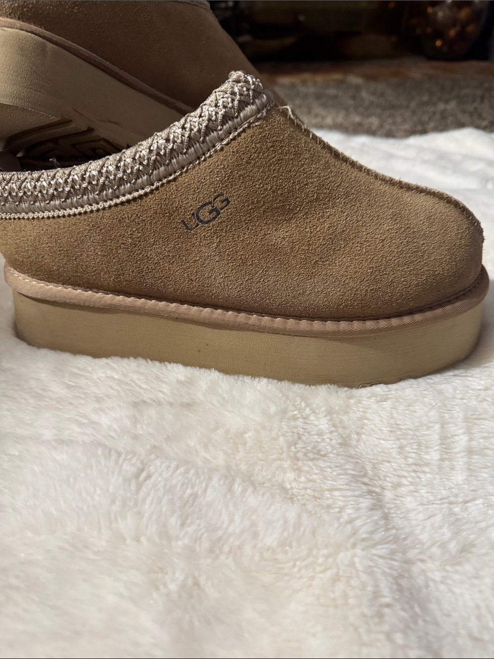 UGG Tan Suede Platform Mule with Knit Collar